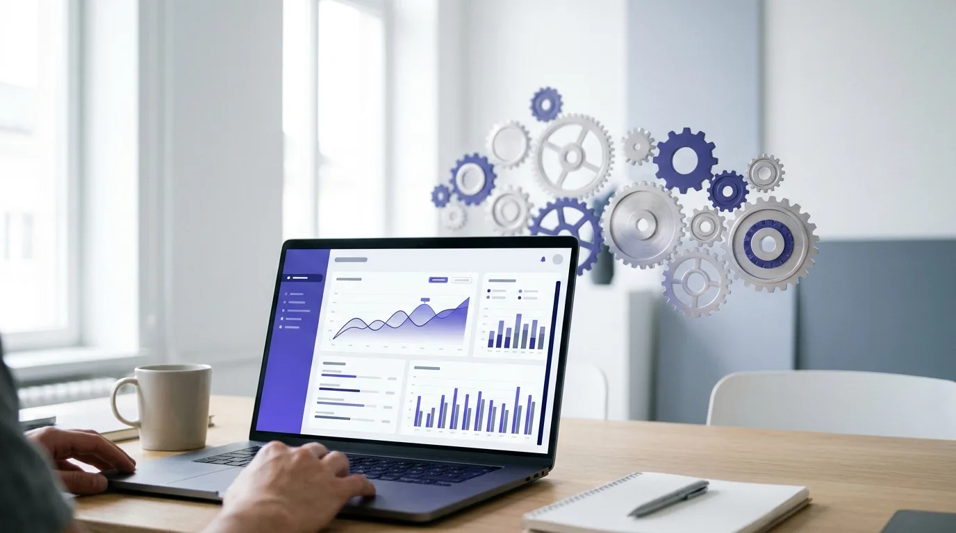 Laptop mit Dashboard und Zahnrädern zur Automatisierung von SEO-Prozessen