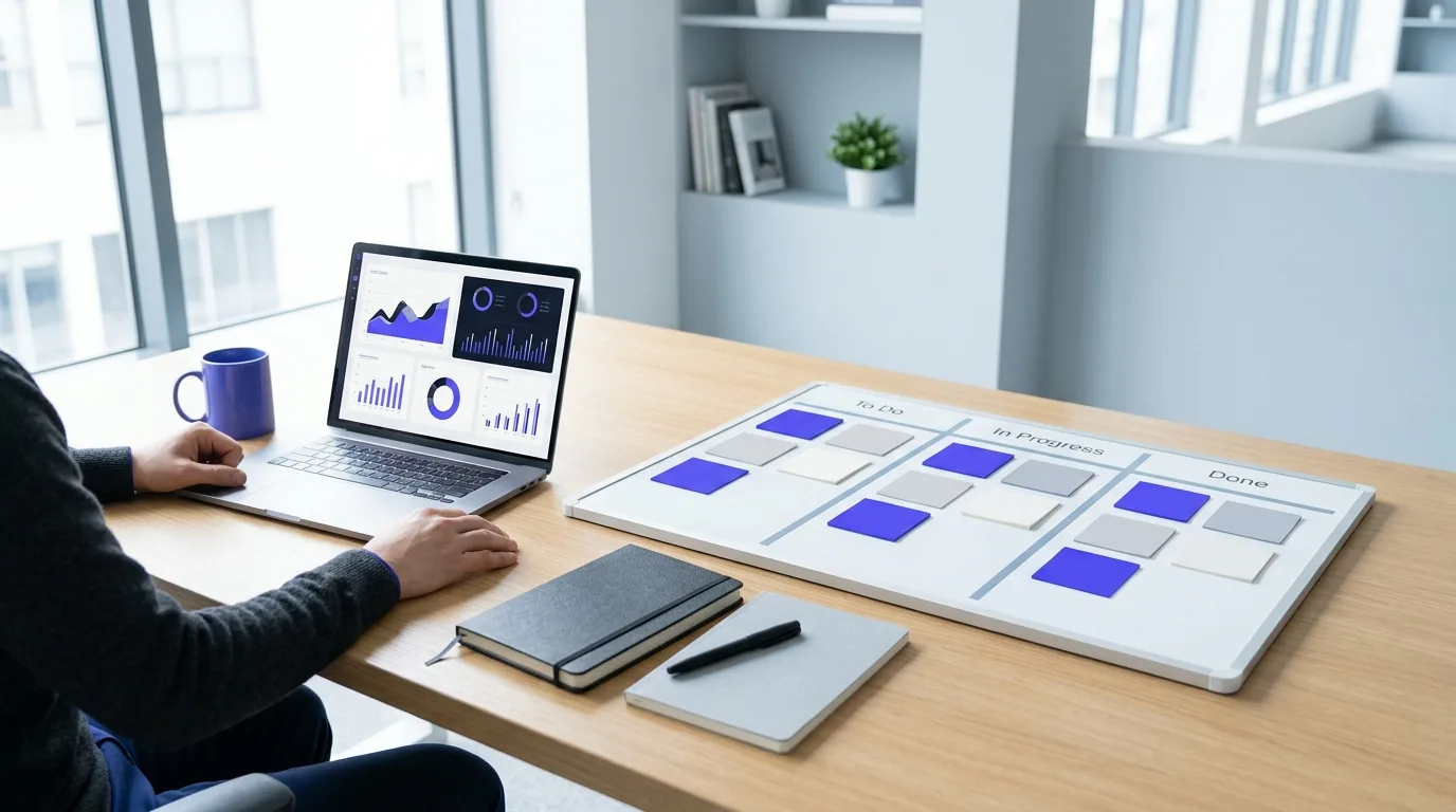 Escritorio moderno con tablero kanban y gráficas de datos para planificación